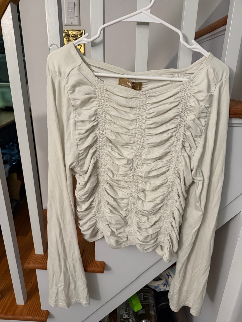 Free People Cream Ruched Long Sleeve Top
